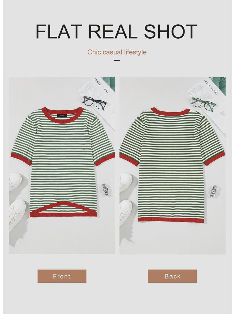 2025 Striped Contrast Knit Sweater: European/American Style, Drop Shoulder, Short Sleeve Top