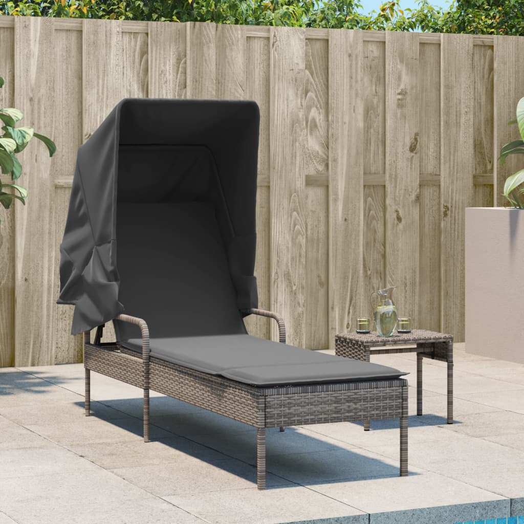 Vidaxl Sun Lounger with Canopy, Grey, Poly Rattan