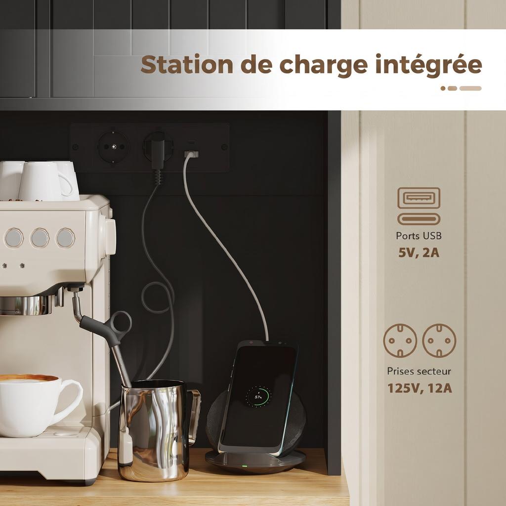 High Kitchen Buffet, 6 Doors, Charging Station, Worktop, Spice Rack, 100 x 40 x 173 cm, Black