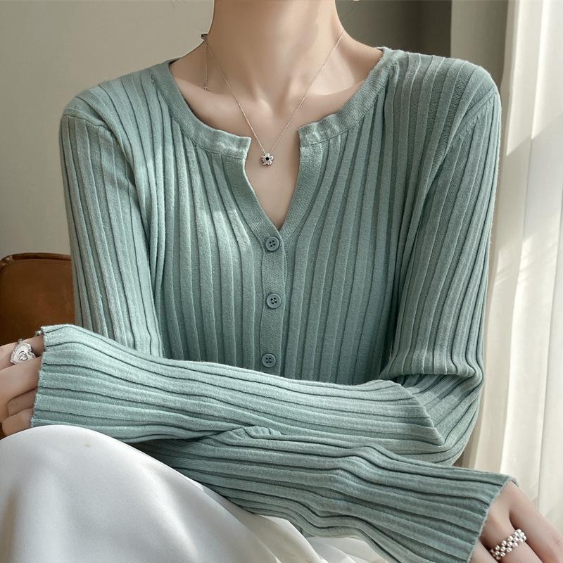 Women's Ribbed V-Neck Knitted Cardigan - Loose Thin Plus Size Sweater Coat
