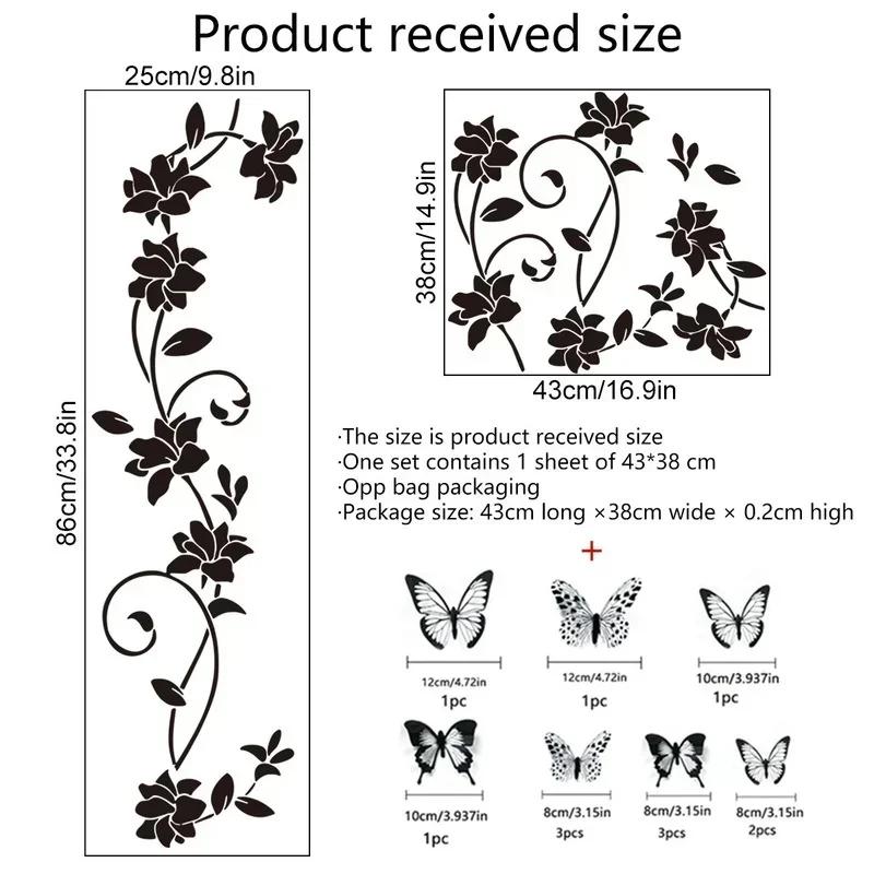 New 3D Butterfly Wall Stickers  Black Flower Rattan Living Room Background Room Wall Stickers Dark Style 38*43cm Home Decor