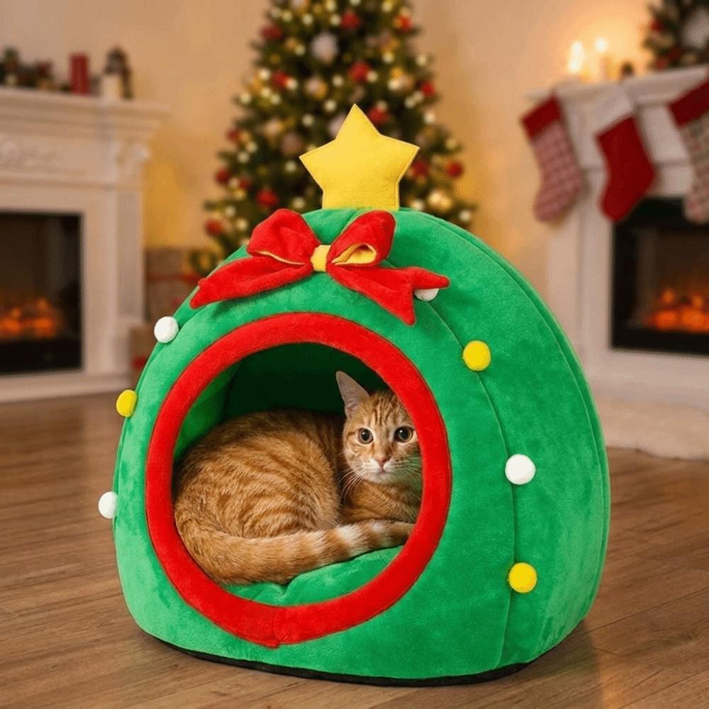 Halbgeschlossenes Haustierhaus in Weihnachtsbaumform Warme Plüsch-Haustier-Schlafhöhle Katzen-Sofabett Winter