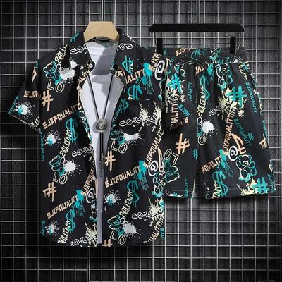 Camicia floreale a maniche corte da uomo hawaiana da spiaggia estiva + completo di pantaloncini in seta ghiacciata