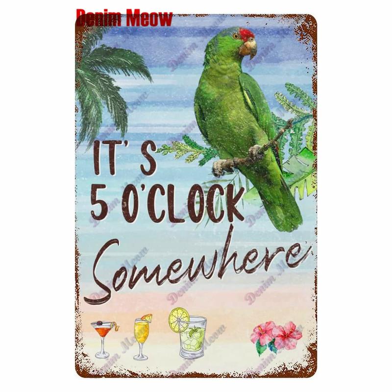 Metal Tin Sign Wall Decor, Vintage Parrot Cocktail Bar Plates, Kitchen Painting Decor, It's 5 O'clock, WY23