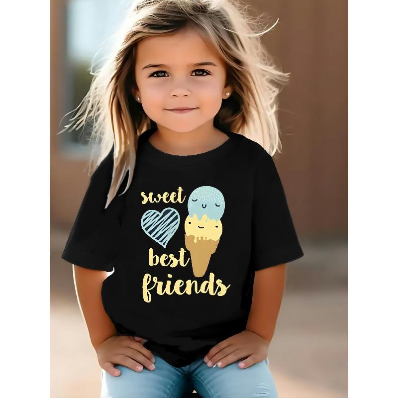European sizes A Short-Sleeved T-Shirt for Girls Featuring Adorable Cartoon Designs with Hearts And an Ice Cream Print