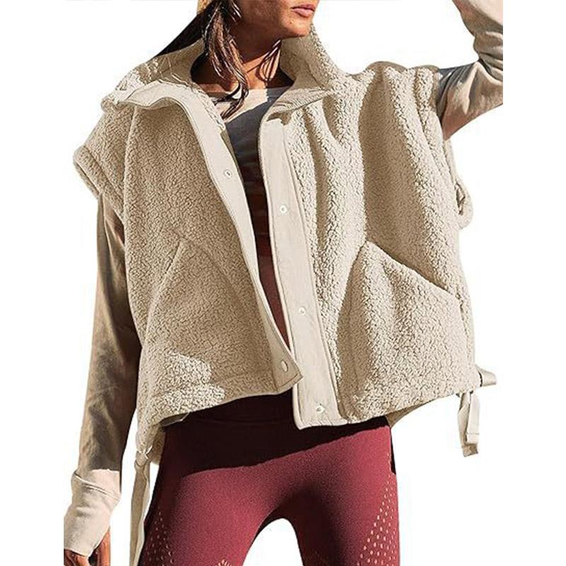 Fall and Winter Women's Faux Wool Vest Casual Sleeveless Jacket Oversized Buckle Vest Coat with Pockets