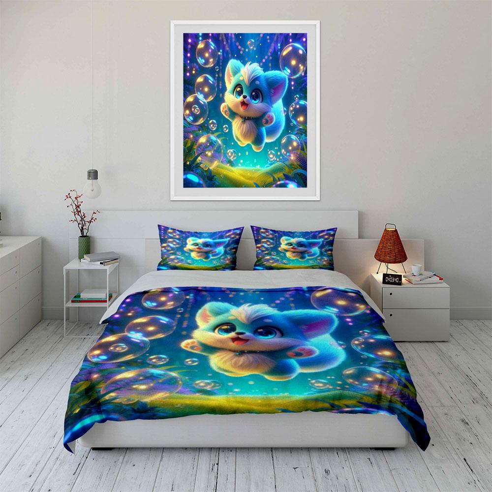Fantasy Blue Puppy With Glowing Bubbles Duvet Cover Set With 3D Printing Design Soft Polyester Bedding Set All-Season Comfort