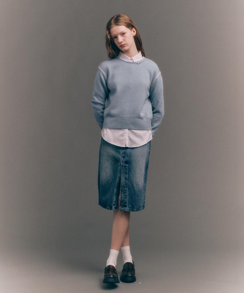 Seteo (W) Contrast Stitch Semi-Crop Knit Ice Blue