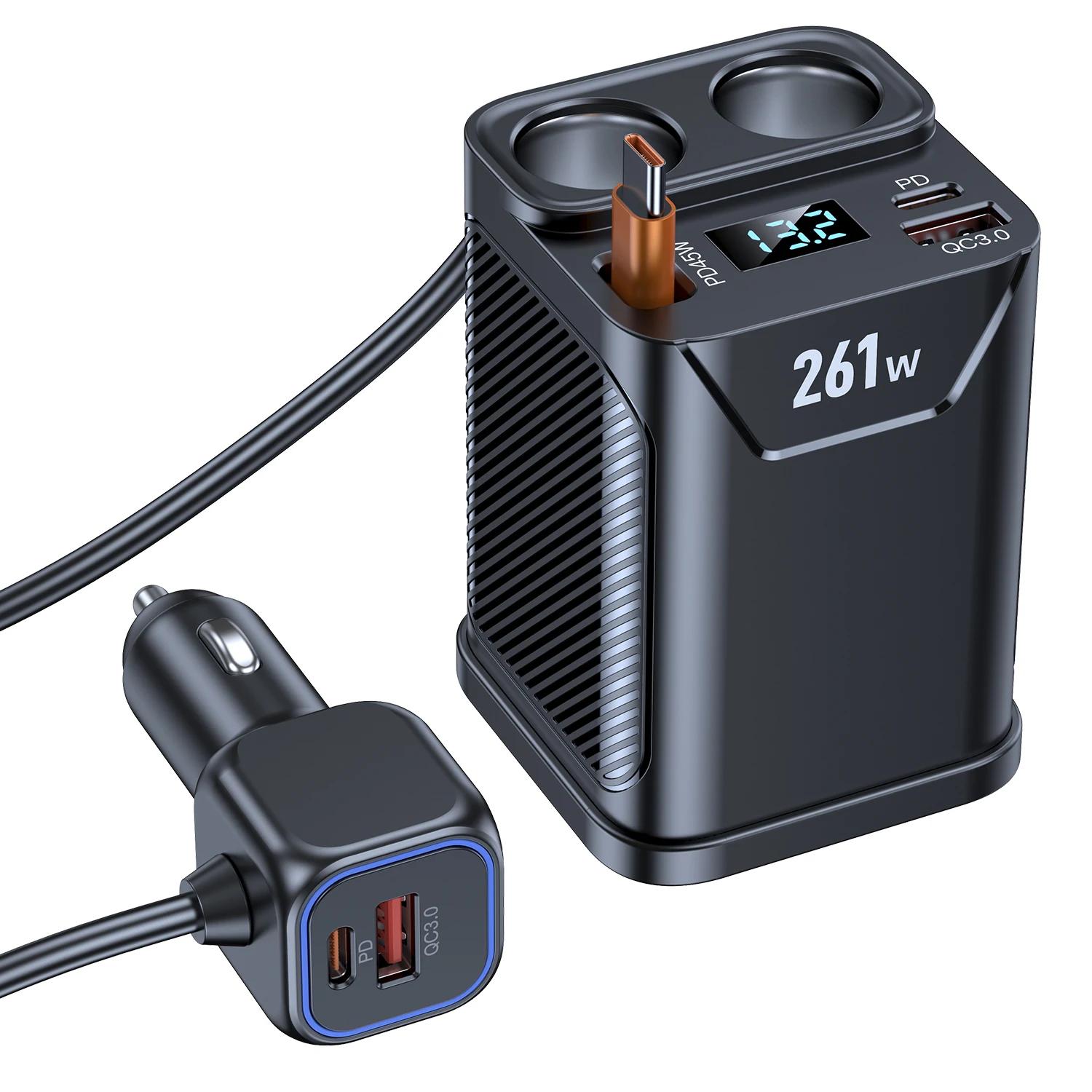 

Автомобильное зарядное устройство 12-24 В 261 Вт 7 портов PD 45 Вт Сверхбыстрая зарядка Адаптер питания прикуривателя с выдвижным кабелем Зарядное устройство для телефона чёрный