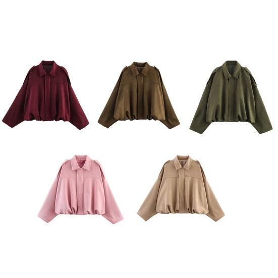 Women's Faux Suede Jacket Oversized Long Sleeve Lapel Pilot Coat Casual Zip