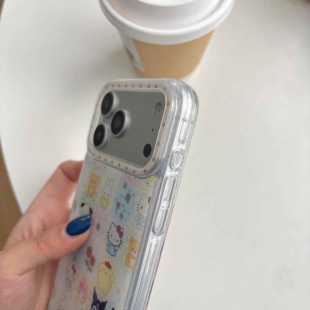 Glitter Cartoon Cat iPhone 15 Pro Max/17 Pro Case with Pearl Bracelet for Women