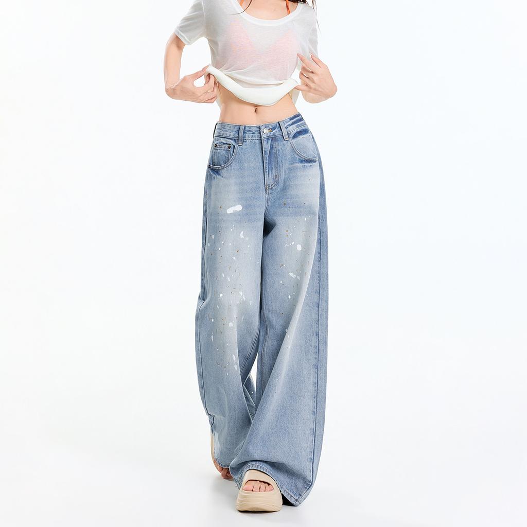 Light Blue Ink Splashing Straight Jeans Women's Summer Thin American Retro Loose and Thin Wide-leg Pants