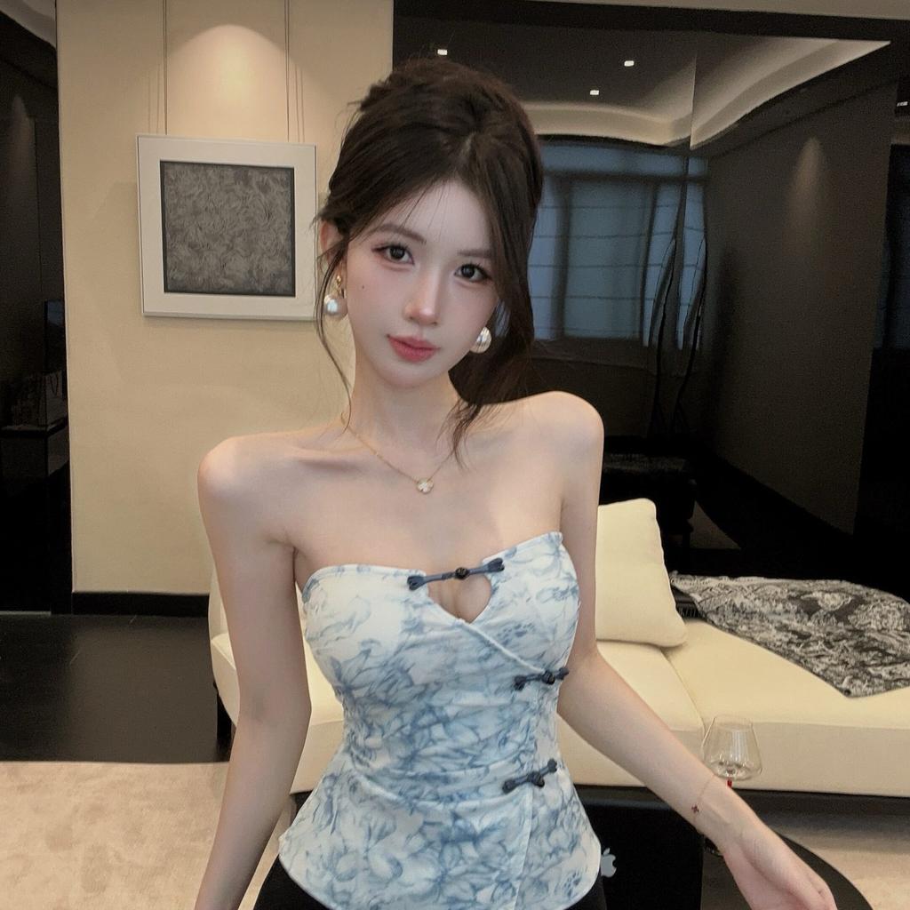 Spice Girl slim-fit tube top floral disc buckle unique retro fashion new Chinese design outer wear vest waist