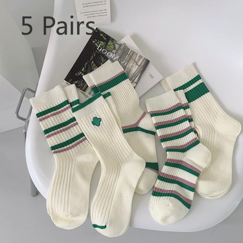 5 Pairs of Women's Spring and Autumn Striped Embroidered Cotton Socks