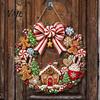 Christmas Tree Hanging Sign Gingerbread Man Wreath Wooden for Front Door, Retro Plaque with Gift Home Candy Cane Bow And House Pattern Holiday