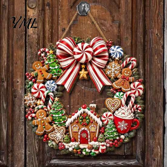 Christmas Tree Hanging Sign Gingerbread Man Wreath Wooden for Front Door, Retro Plaque with Gift Home Candy Cane Bow And House Pattern Holiday