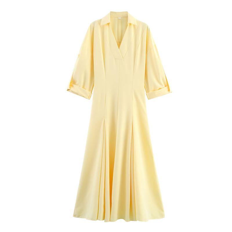 Araltay New Arrival Fashion Style Women's Clothing Fashion All-Match Flip V Neck Short Sleeve A- Line Shirt Trench Coat Long Dress