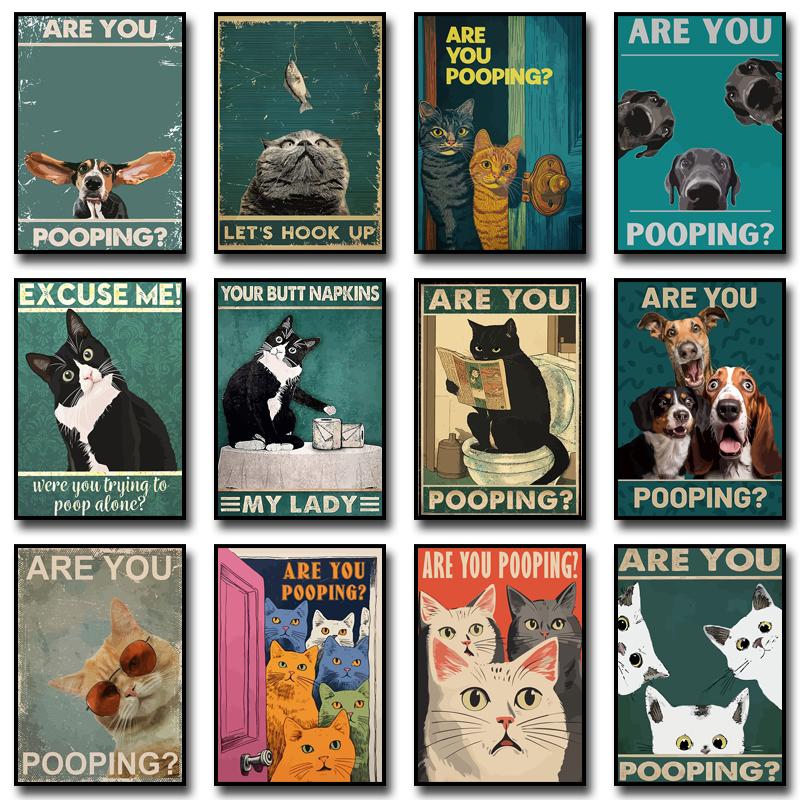 Are You Pooping Posters Bathroom Funny Bathroom Sign Canvas Painting Cute Black Cat Print Wall Art Picture Toilet Decoration