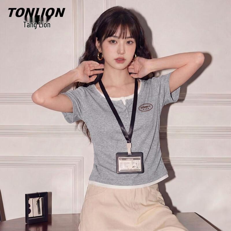 TonLion Women s Fake Two-piece Slim Fit Short Sleeve T-shirt XL