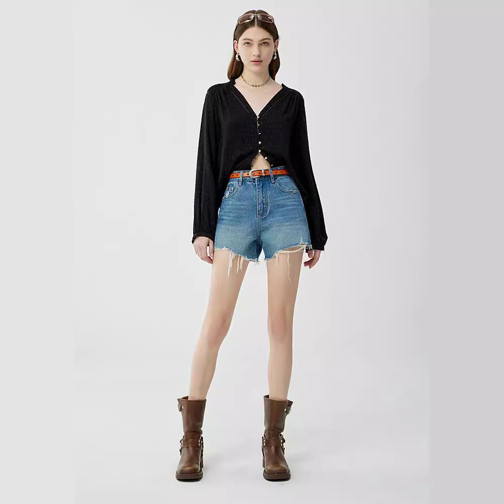 

High-end retro fringed denim color-contrast embroidery high-waist denim shorts 25 синий