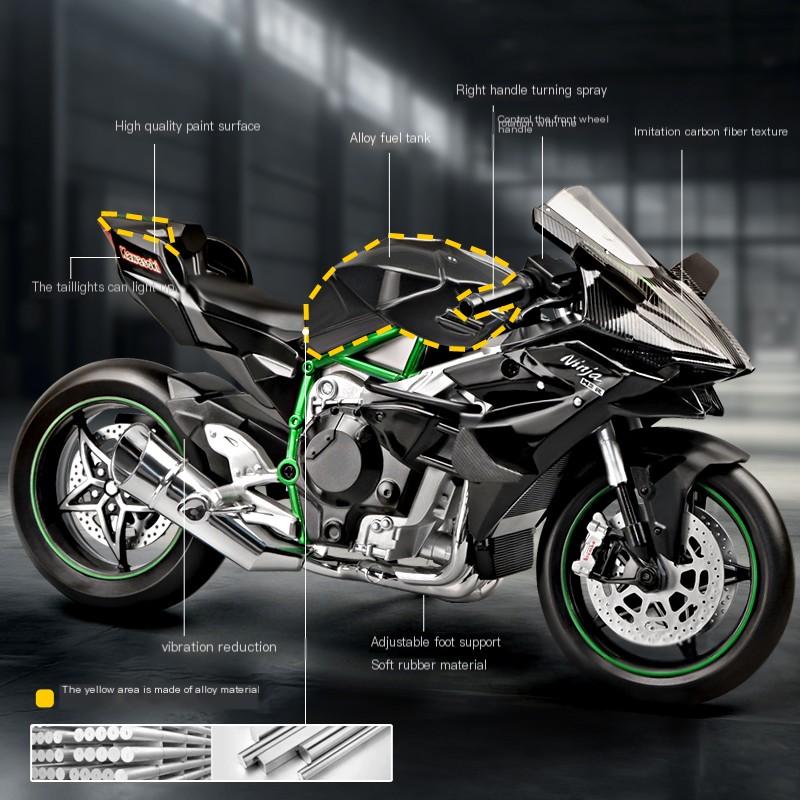 1/9 Kawasaki H2R Alloy Model Ignite Motorcycle with Spray Model Ignite Start Alloy Simulation Children Motorcycle Toy Gift