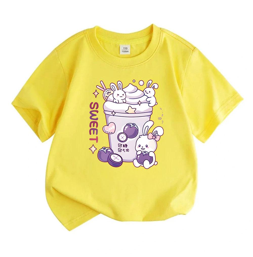 Cartoon Cute White Bunnies Purple Mangosteen Sweet Print Kids 100% Cotton Crew Neck Short Sleeve T-Shirt, Casual Soft Breathable Tee for Boys Girls Da