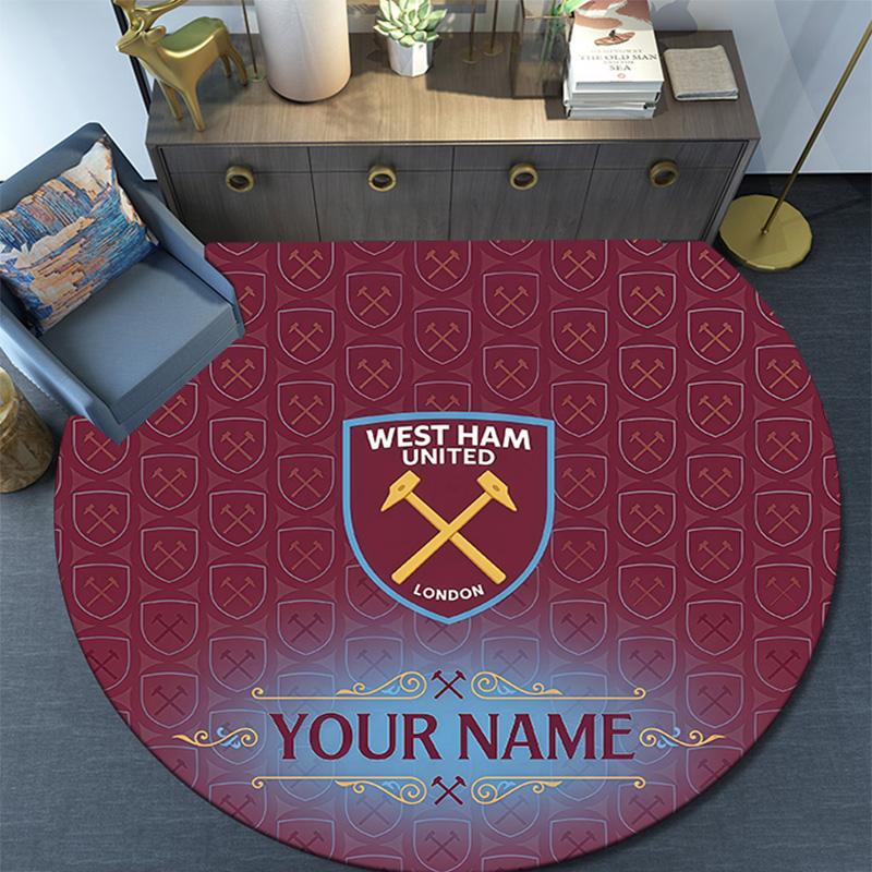 Custom Name West Ham United Round Area Rug,Carpet Rug for Living Room Bedroom Sofa Playroom Decor,Non-slip Floor Mat