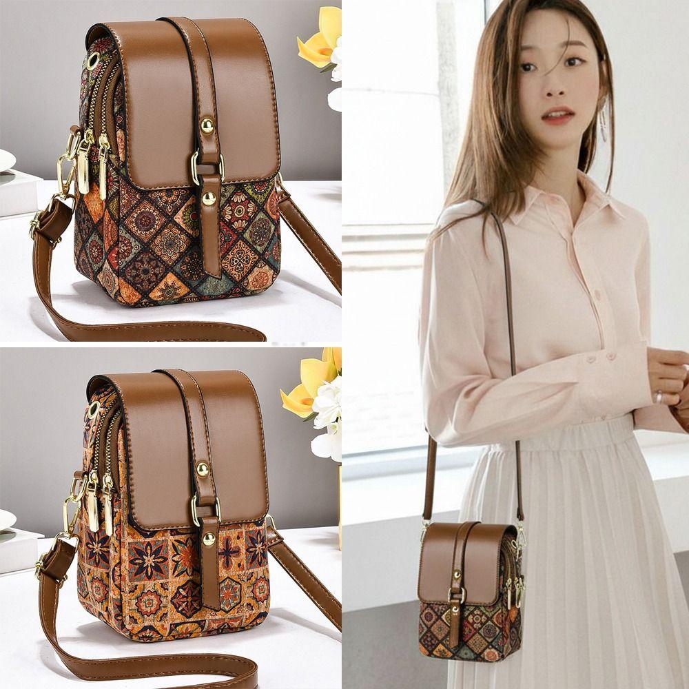 Women Fashion Bohemian Style Printed Phone Bag PU Leather Versatile Single Shoulder Bag Ethnic Style Luxury Handbag For Ladies