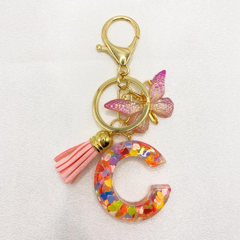 26-Letter Alphabet Resin Keychain with Star Sequins & Tassel Charm