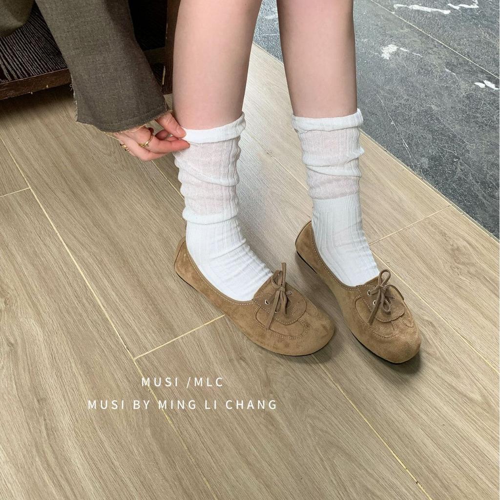 2025 New Retro Camel Round Head Light Mouth Suede Lace-up Soft Flat Bottom Versatile Loafers Niche Women's Shoes