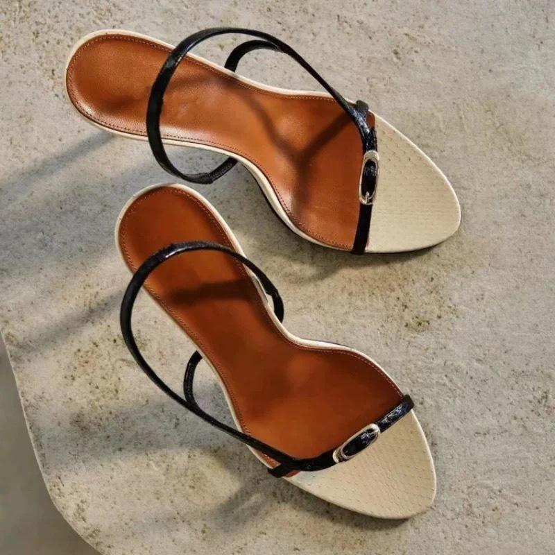 Spot! European and American Simple Temperament with Open-toed High Heels 2025 Summer One-pedal Color Matching Strap Sandals