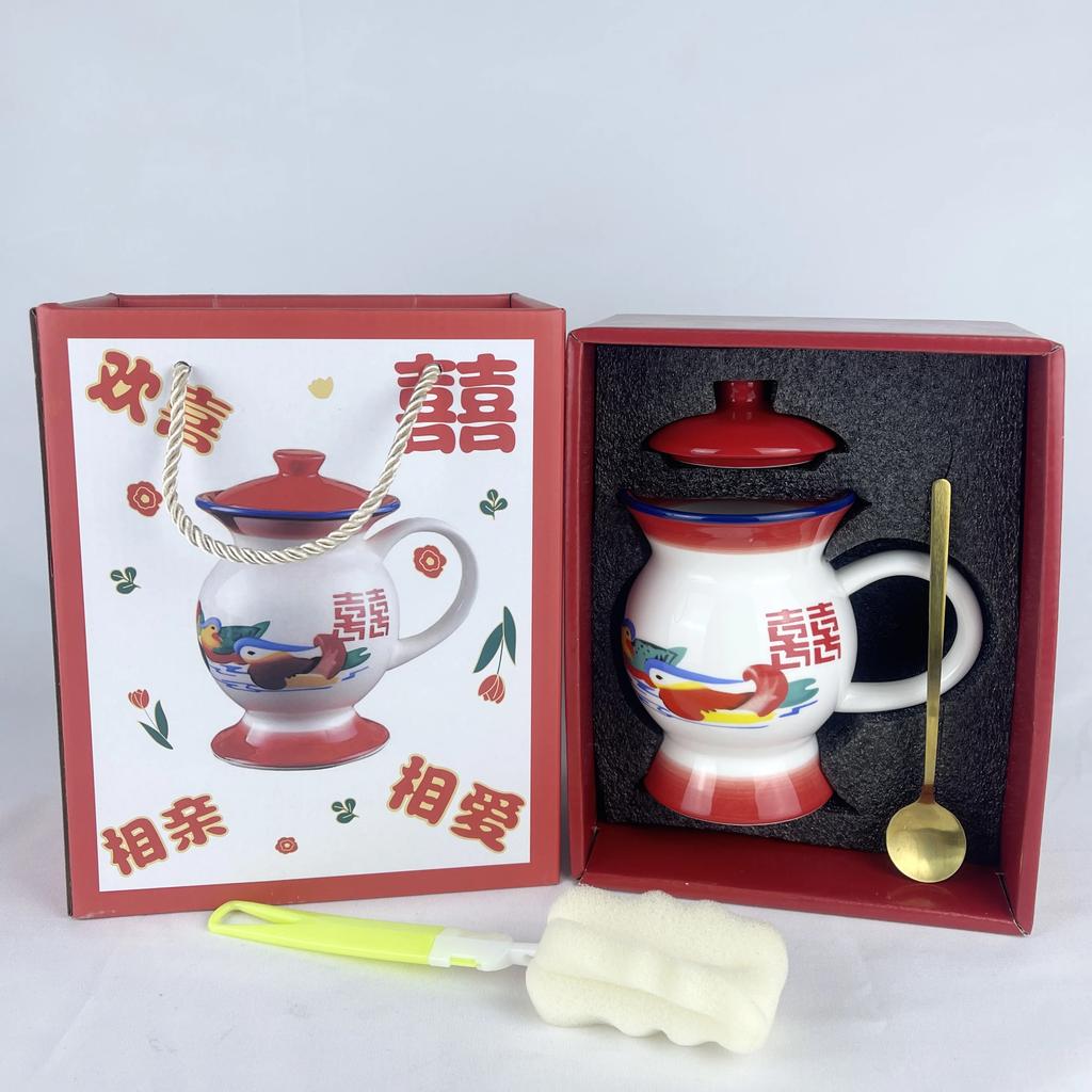 Mug Ceramic Spittoon Shape Water Cup Animal Printing in-Glaze Decoration Retro Funny Personalized Custom Red Blue Chinese Style