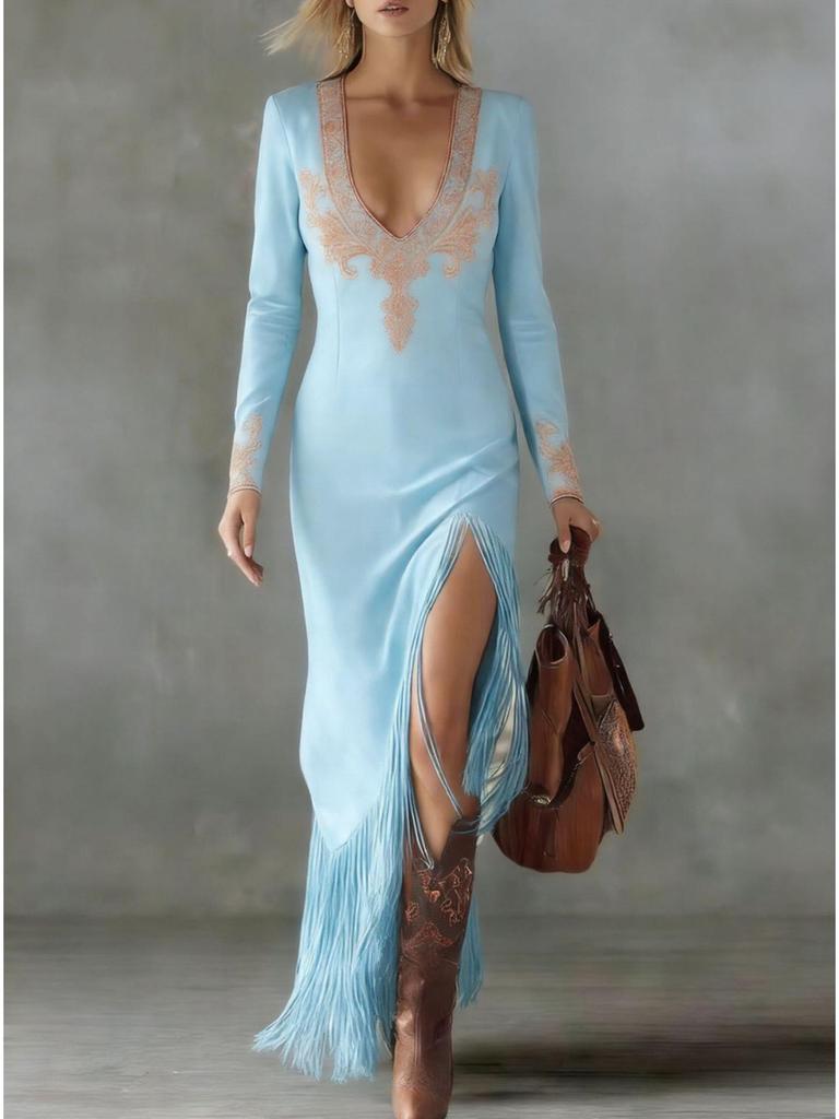 2025 Vintage Bohemian Tassel Floral V-neck Dress for Women – Spring/Autumn