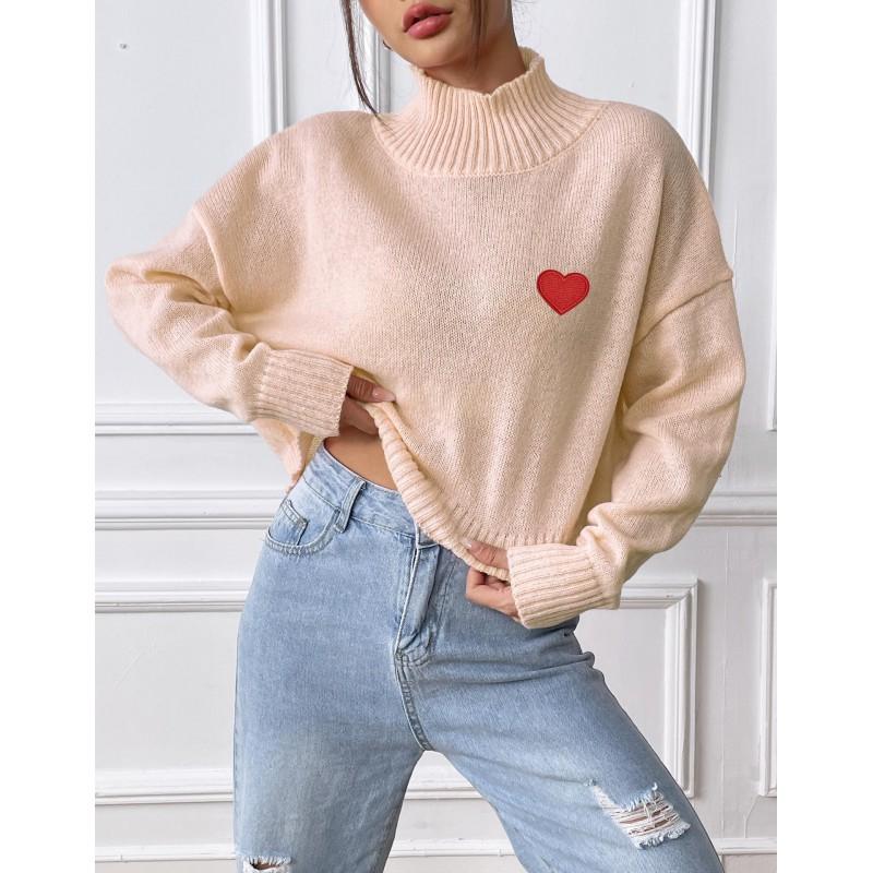 Womens Short Cropped High Neck Sweater Loose Fit Heart Print Casual Pullover Knit Top