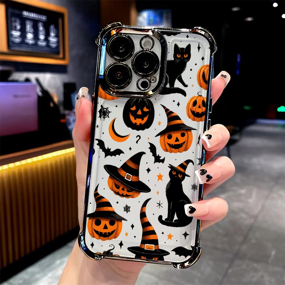 Halloween Black Cat Pumpkin Bat Pattern Phone Case For iPhone 17 16 15 14 13 12 11 Pro Max 15 16 Plus 17Air Airbag Plating Cover