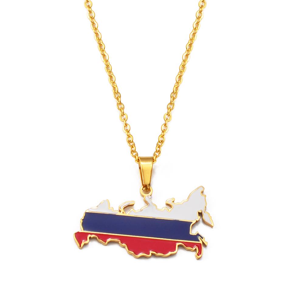 Anniyo Russia Map Flag Pendant Necklaces The Russian Federation Charm Jewelry Silver Color/Gold Color Chain Necklaces #300001