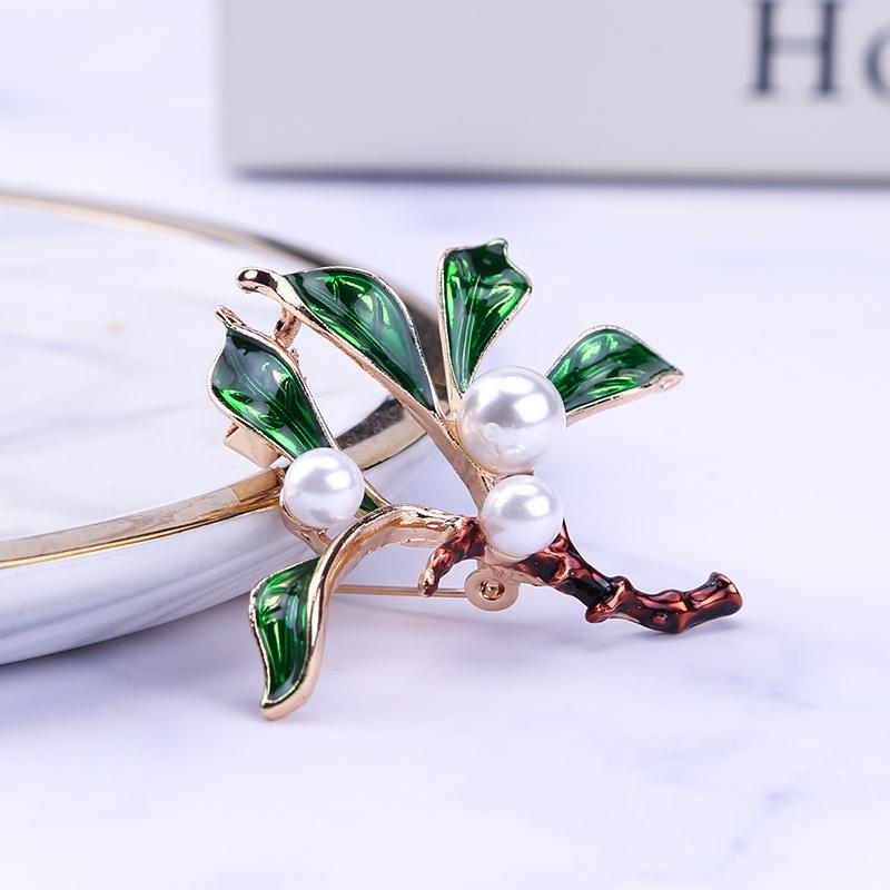 New Fashion Design Green Plant Brooch Branch Pearl Drop Oil Brooch Clothing Accessories Party Gift Jewelry Branch Brooch
