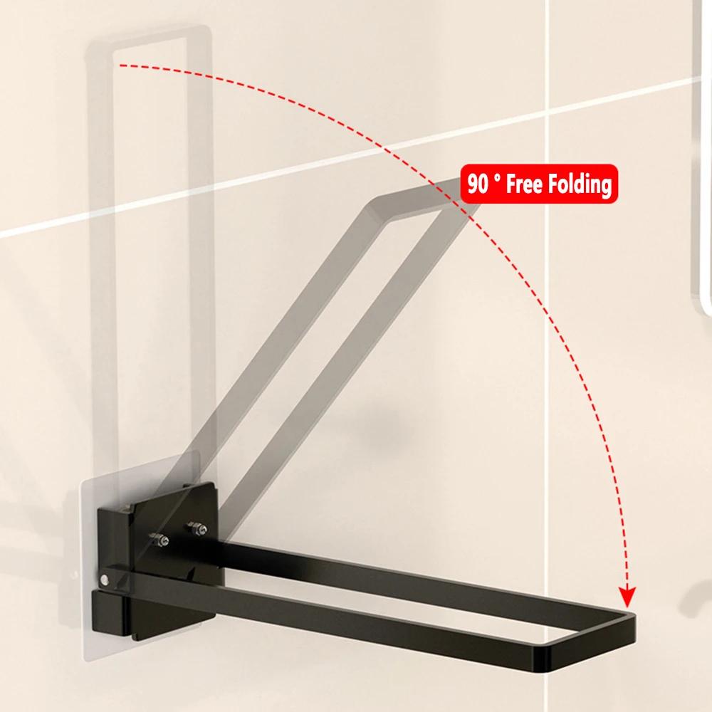 Self Adhesive Bathroom Towel Holder Toilet Towel Rack Wall Mounted Kitchen Shelf 90° Folding Towel Bar No Drill 18/25/33/43CM