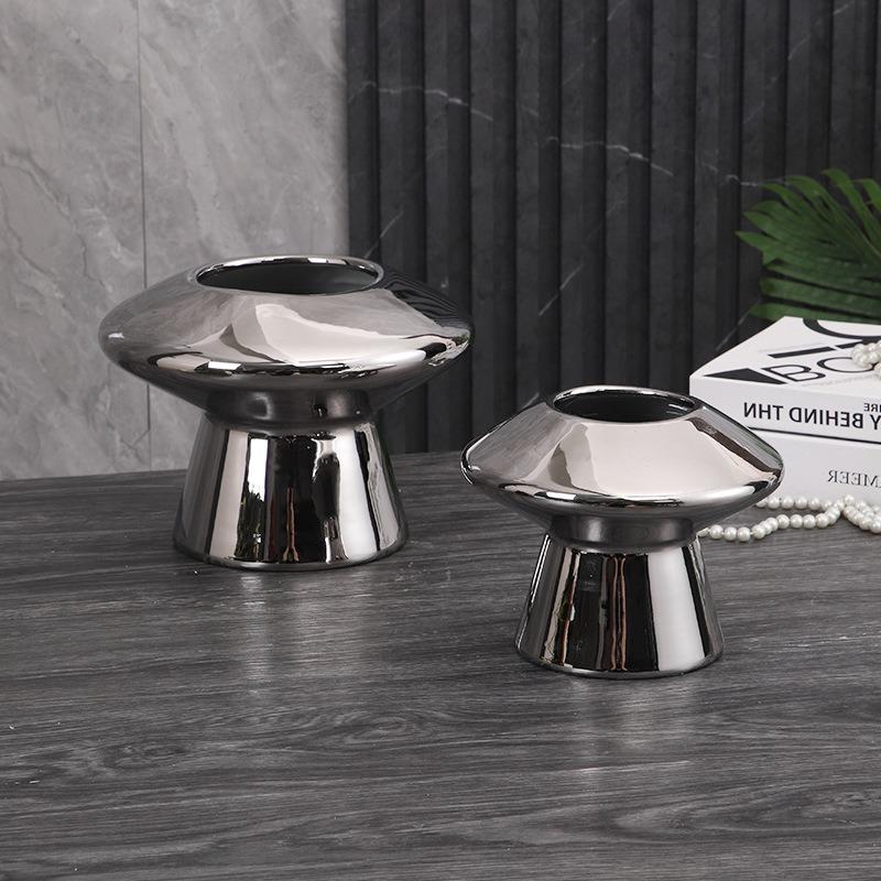 Silver Mushroom Ceramic Vase Geometric High-legged Flower Pot Flower Vase Terrarium Flowerpot Home Decoration Accessories