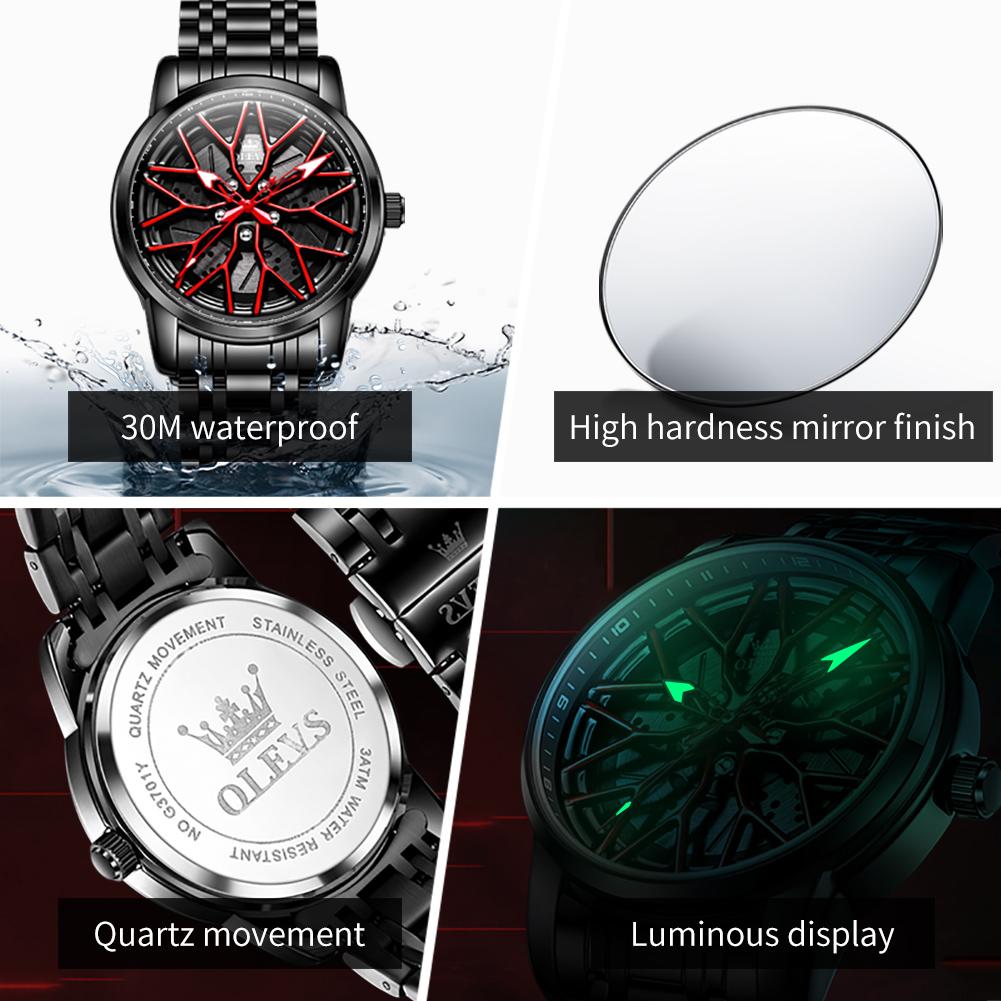 OLEVS Ceas de modă pentru bărbați Jantă roată butuc roată mașină sport Cadran rotativ 360° Ceasuri cu quartz Impermeabil Oțel inoxidabil Ceas de mână pentru bărbați