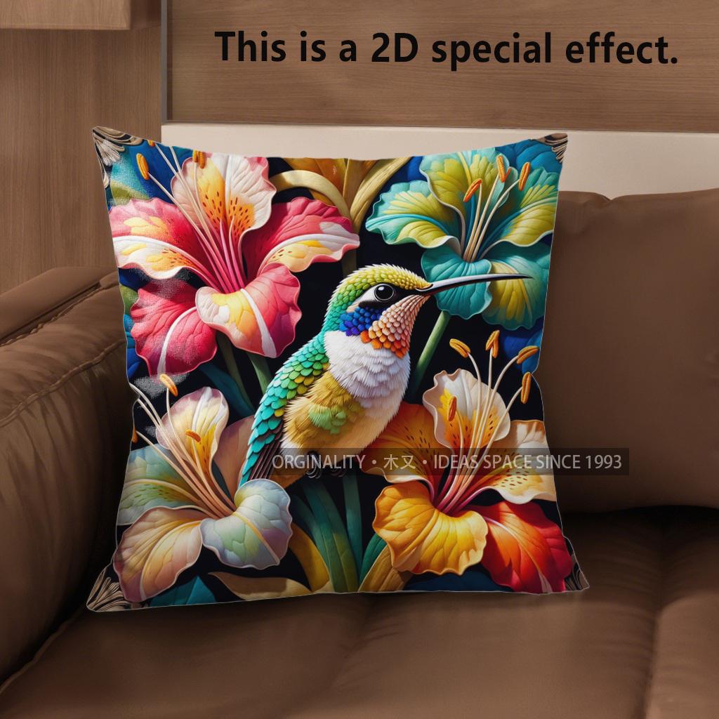 D Bohemian Hummingbird Floral Throw Pillow Covers Pattern Cushion Cover Suitable For Sofa Bedroom Car Pillow Cover 40x40cm