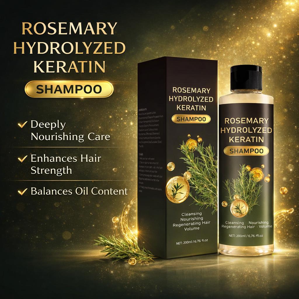 Cross-Border Rosemary Hydrolyzed Keratin Shampoo 200ml Deep Cleansing Repair Strengthens Hair Roots Oil Control Volumizing Neutral Packaging
