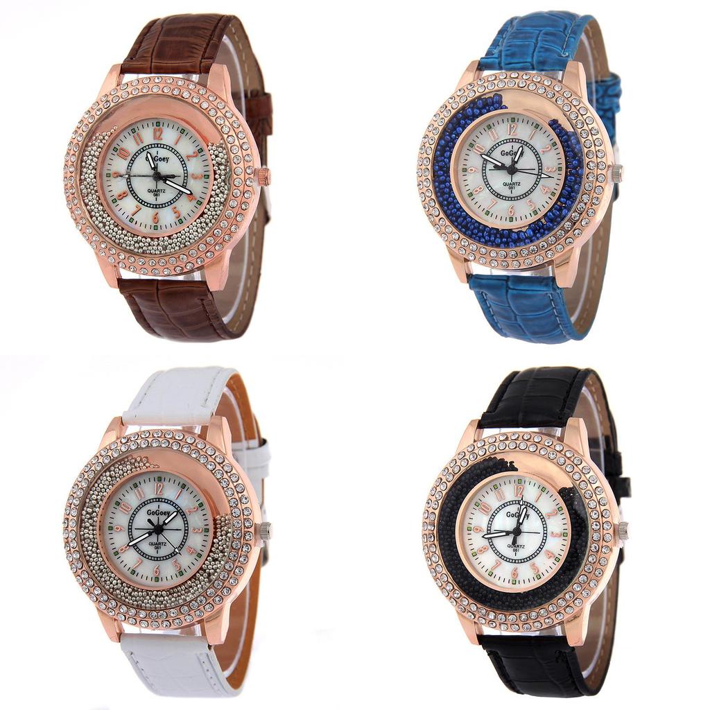 Fashionable Women's Quartz Watch With Rhinestones And Faux Leather Strap