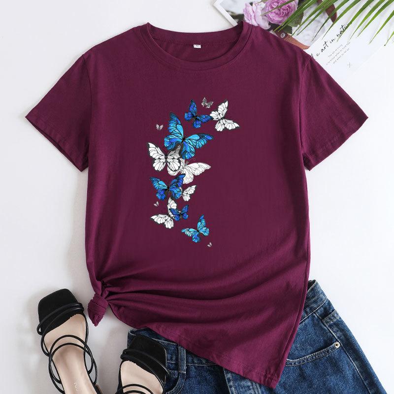 Summer Round Neck Fluttering Butterfly Pattern Printed Top Fashionable Casual Short Sleeved Women's Pure Cotton T-shirts
