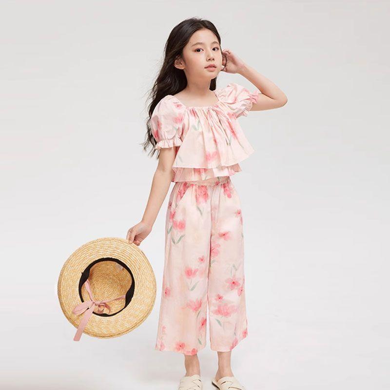 Girls Summer Floral Short Sleeve Wide Leg Pants Set Sweet Princess