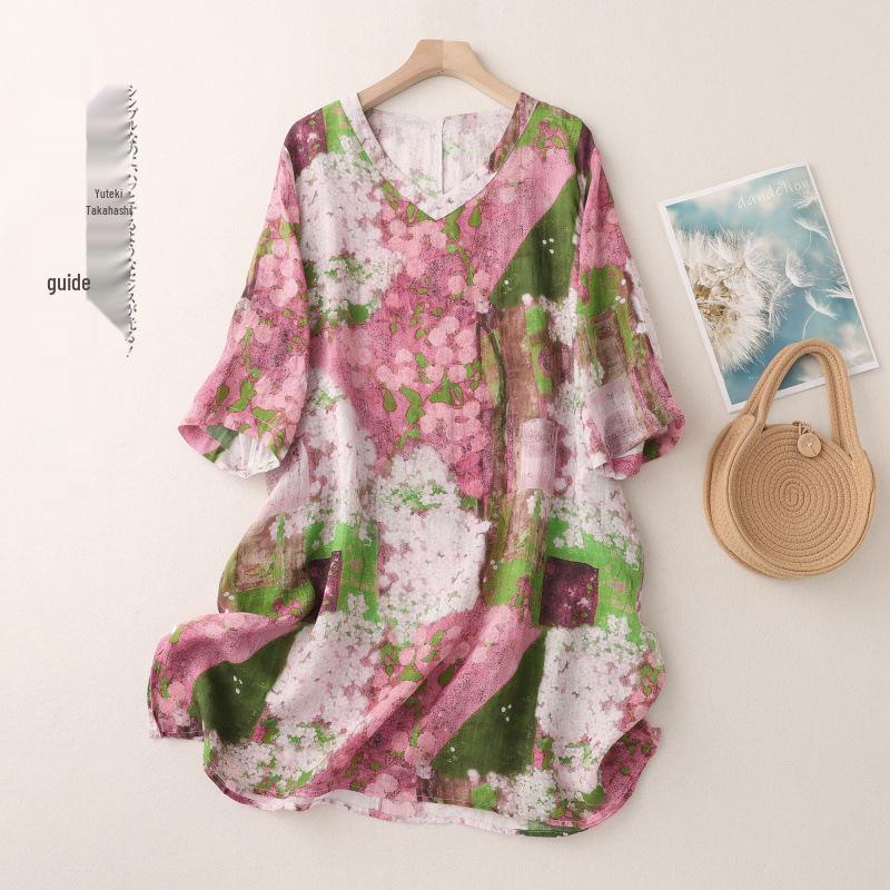 2026 Spring/Summer Women s Retro Print V-Neck Linen-Cotton Mid-Sleeve Pullover Shirt Large