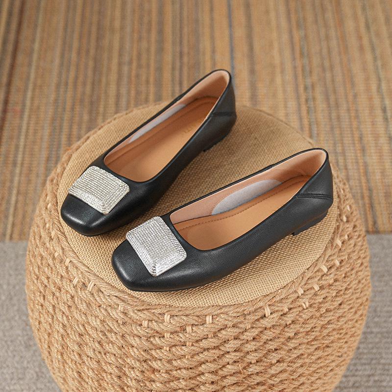 Women's Genuine Leather Flat Shoes - French Low-Cut Square Toe, Soft Sole, Plus Size 41-43, 2025 New Evening Breeze