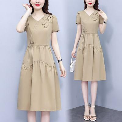 Summer French Elegant Temperament Fashion Casual Dress Age Reducing High Waist Slimming Mid Length Dress for Ladies