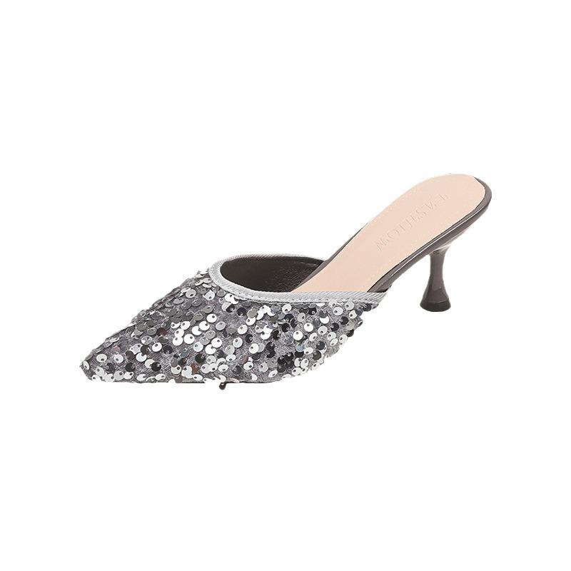 Baotou Sandals Summer 2025 European and American Fashion New Pointed Sequins Light Mouth Thin High Heel One Pedal Women's Shoes