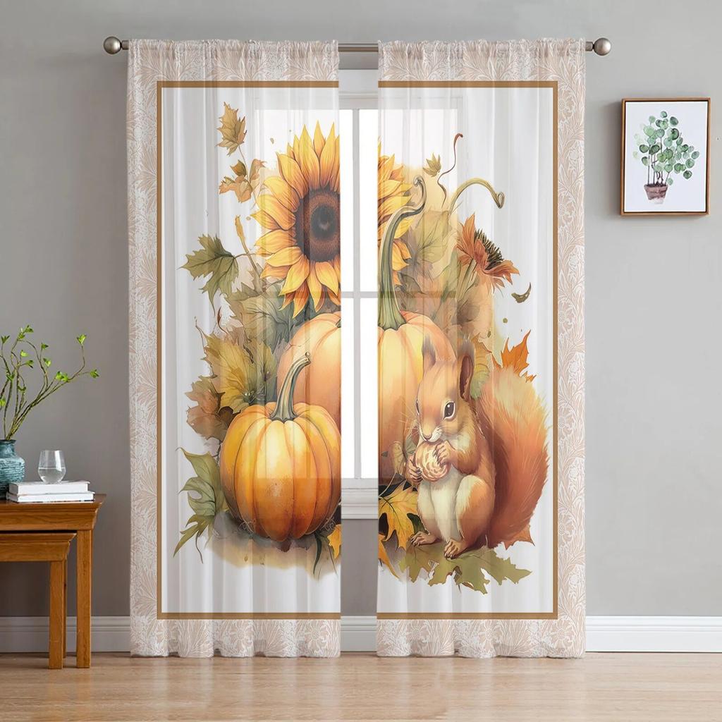 Autumn Pumpkin Squirrel Sunflower Sheer Curtains For Living Room Bedroom Tulle Curtain For Kitchen Voile Curtain Blind Panels